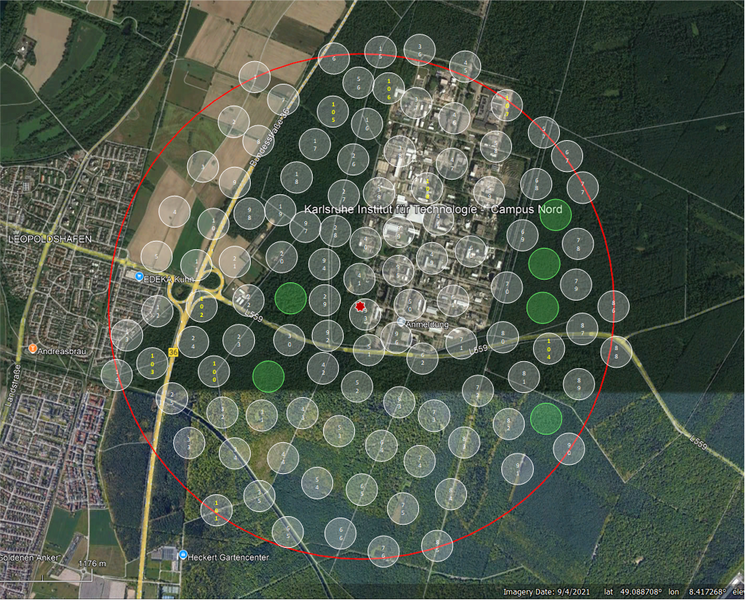 Example of pre-positioning of 114 sensors centred around the wellhead (red cross) over a radius of 1.5 km.