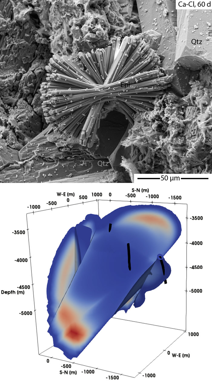 Electron microscope image of minerals; transport modelling of the Soultz reservoir