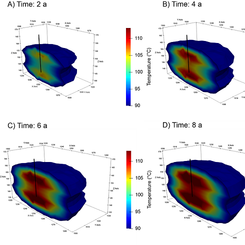 Modeling results of high-temperature heat storage show the propagation of the heat front around the hot well.