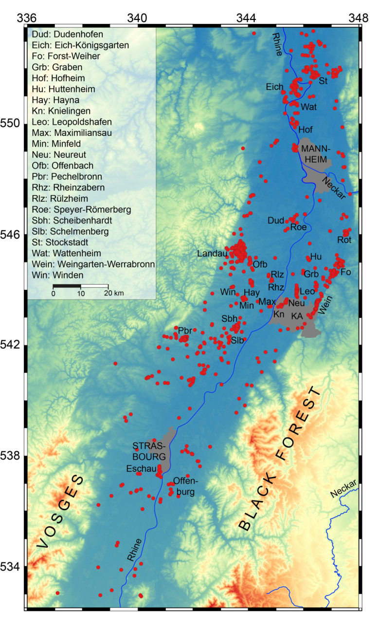 Verteilung von (ehemaligen) Kohlenwasserstoffbohrungen im nördlichen Teil des Oberrheingrabens.