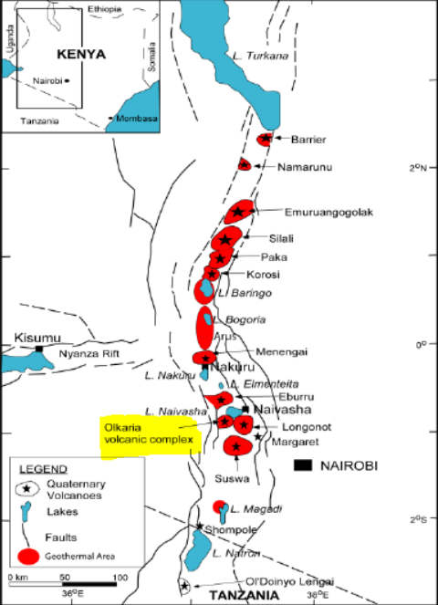 This picture shows the location of the Olkaria field and other geothermal prospects within Kenya.